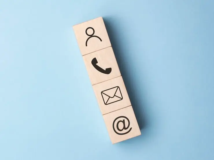 Wood block symbol telephone, mail, address and mobile phone, Website page contact us concept