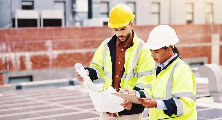 Blueprint and documents with construction for inspection or planning in city Man woman or contractors with paperwork or clipboard for floor building layout or architecture in town